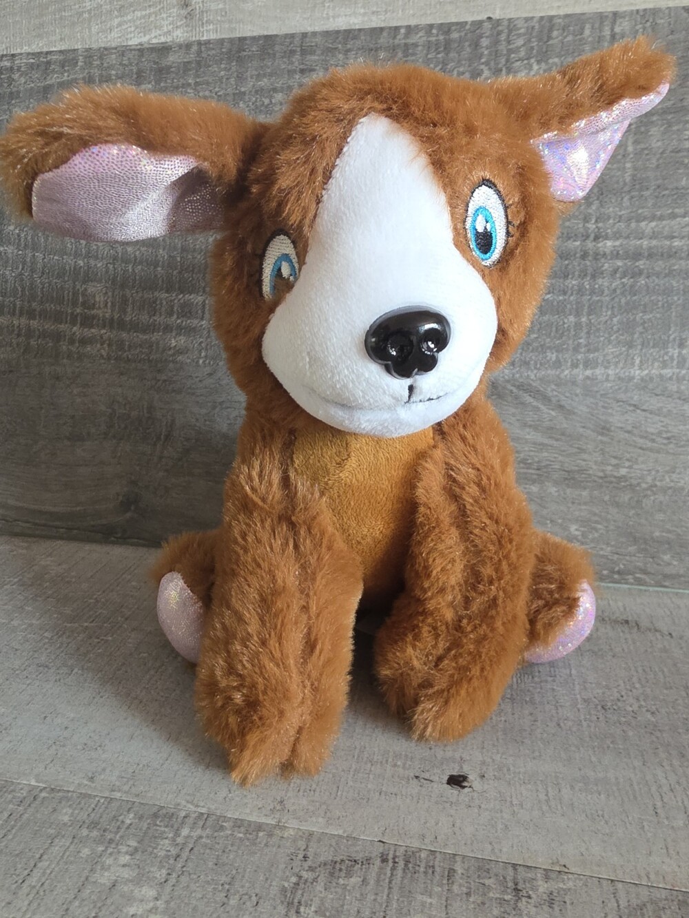 6” Brown Puppy Dog Soft Stuffed Plush Toy Purple Sparkly Ears Blue Eyes b252